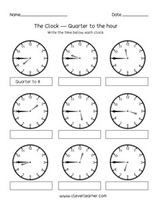 Free quarter to the hour worksheets for 1st and 2nd graders