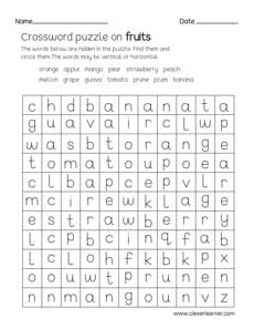 Fruit crossword puzzle worksheets for children