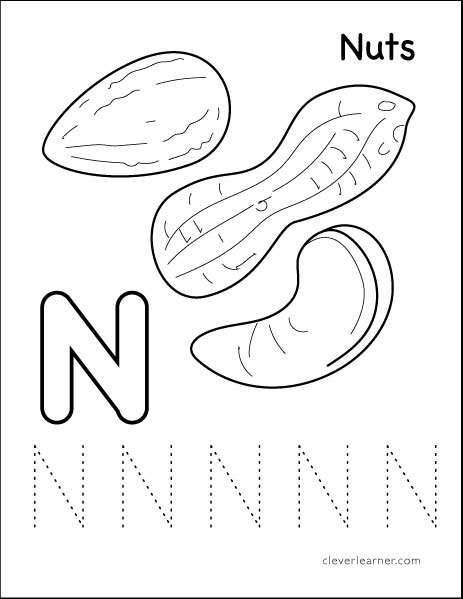 Letter N is for nuts color worksheets for preschool