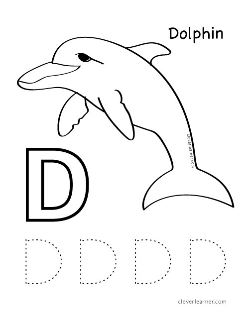 D is for dolphin colouring worksheets for preschool kids