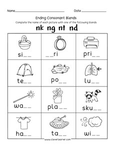 Free ending blends printables for preschool children