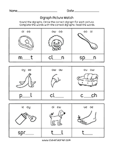Free vowel digraph worksheets for preschool children SET 1
