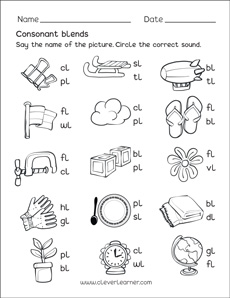 Free consonant blends with l worksheets for preschool children