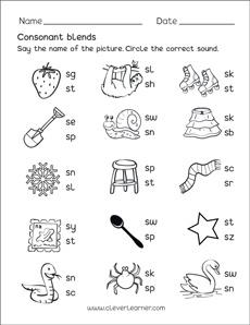 Free consonant blends with s worksheets for preschool children