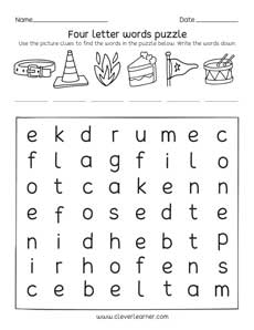 Four letter word puzzle worksheet for kids