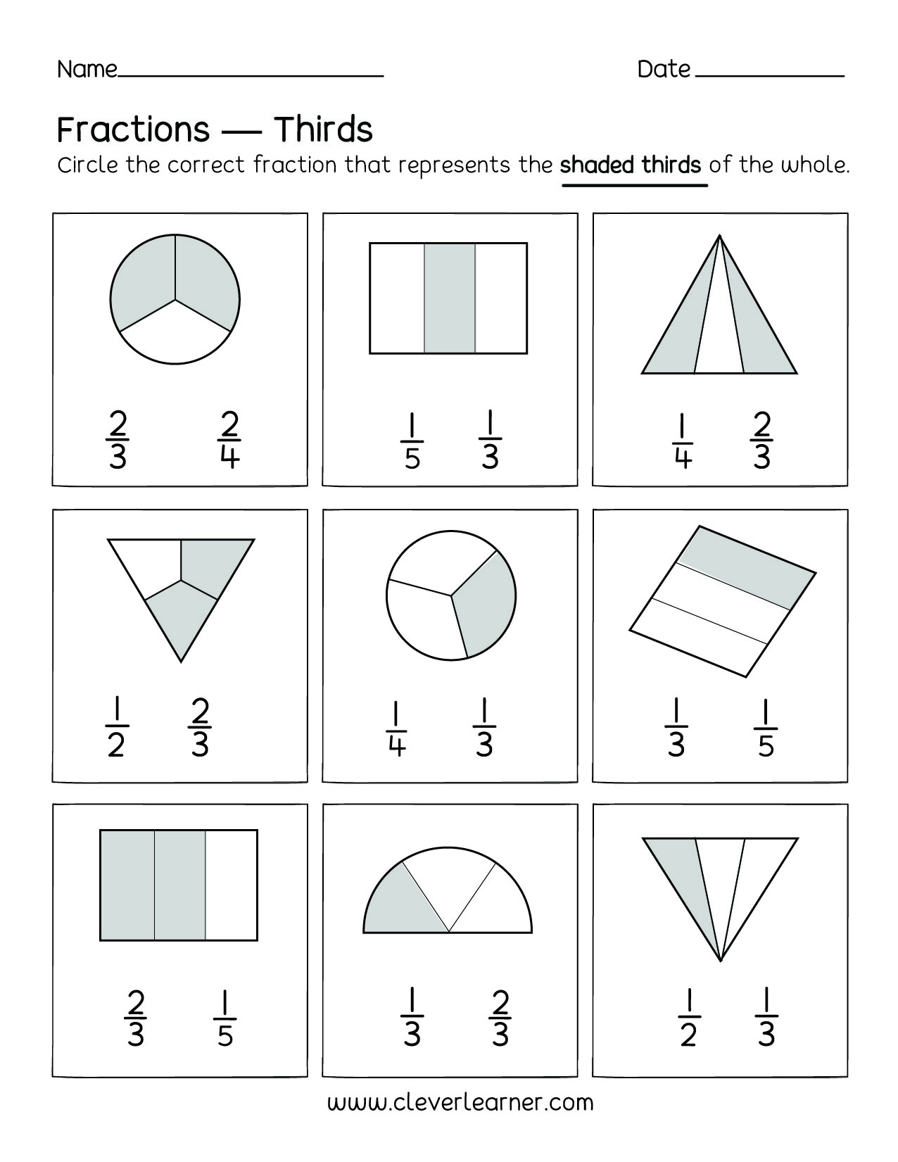 Fun activity on fractions, Thirds worksheets for children