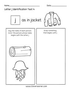 Letter J colouring activity sheets for preschool