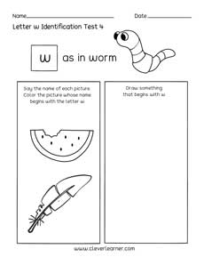 Letter W colouring activity sheets for preschool