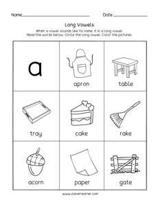 Long vowel A sound activity sheets