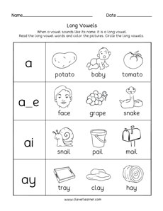 Long vowel sounds worksheets for preschool and kindergarten kids
