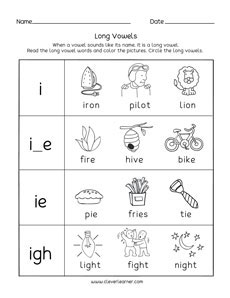Long vowel sounds worksheets for preschool and kindergarten kids