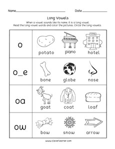 Long vowel o sound activity sheets for homeschools