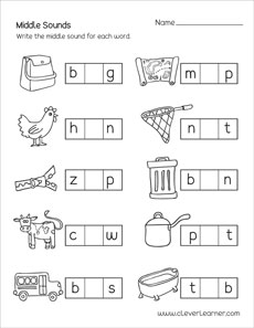 Middle sounds worksheets for preschool and kindergarten kids