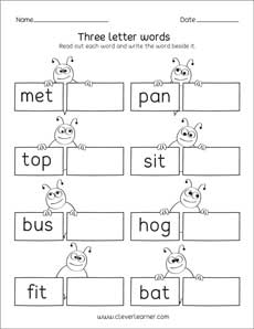 three letter words reading writing and matching worksheets for