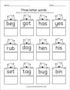 Three letter words reading, writing and matching worksheets for ...