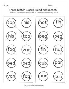 Three letter words reading, writing and matching worksheets for
