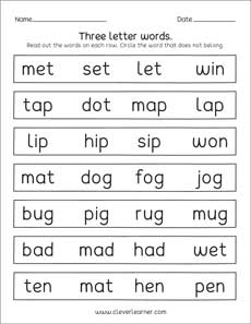 three letter words reading writing and matching worksheets for