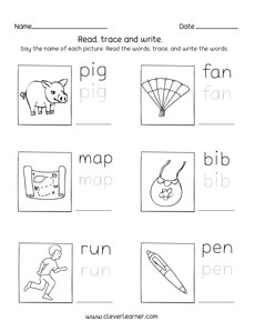 Three letter words tracing and writing printable sheets for preschool