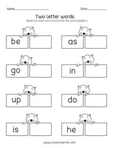 Two letter words reading, writing and matching worksheets for preschool