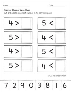 Cut and paste worksheets on less than and greater than