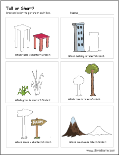 Printable tall vrs short activity worksheets for preschools