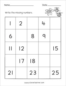 Write the missing numbers activity sheets for kids