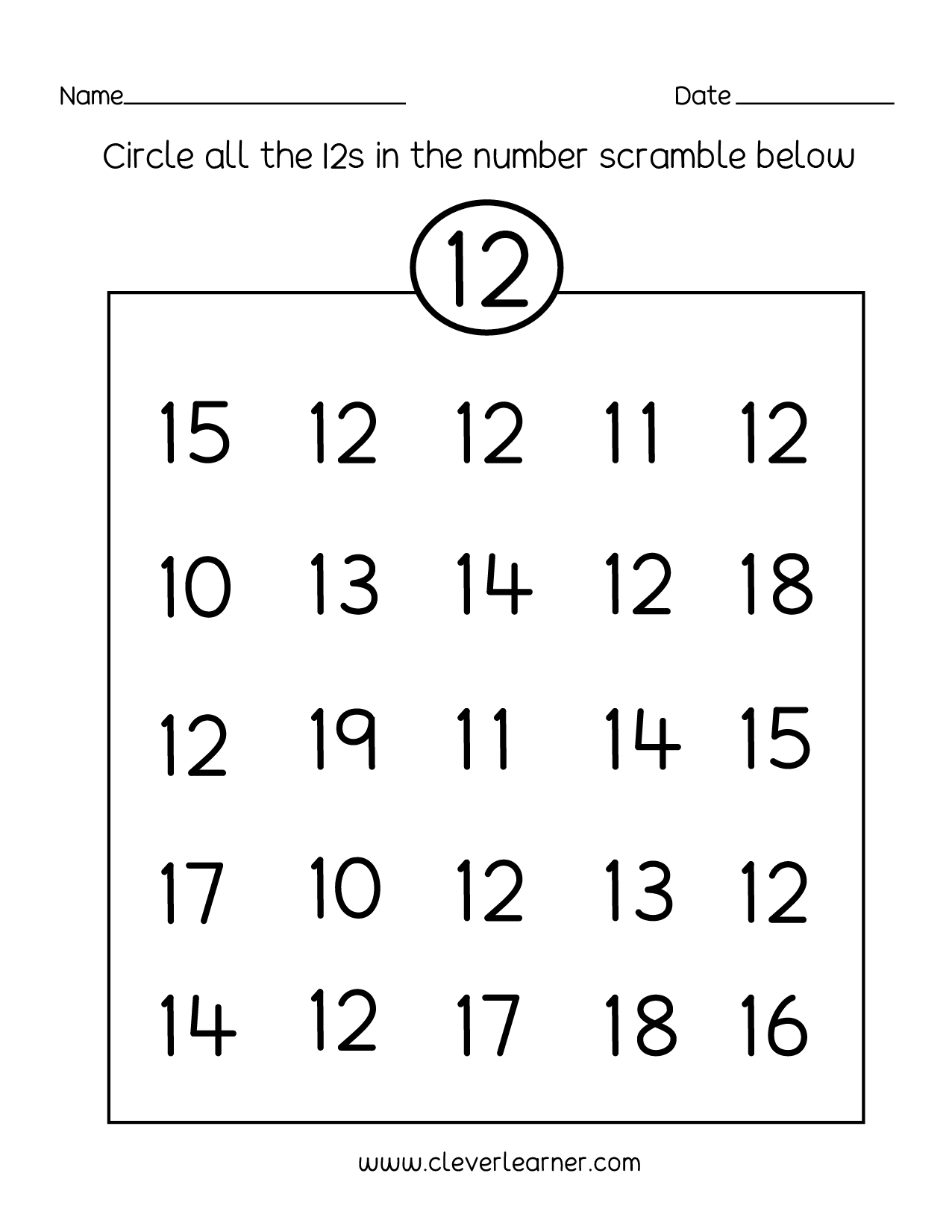 Number twelve writing, counting and identification printable worksheets