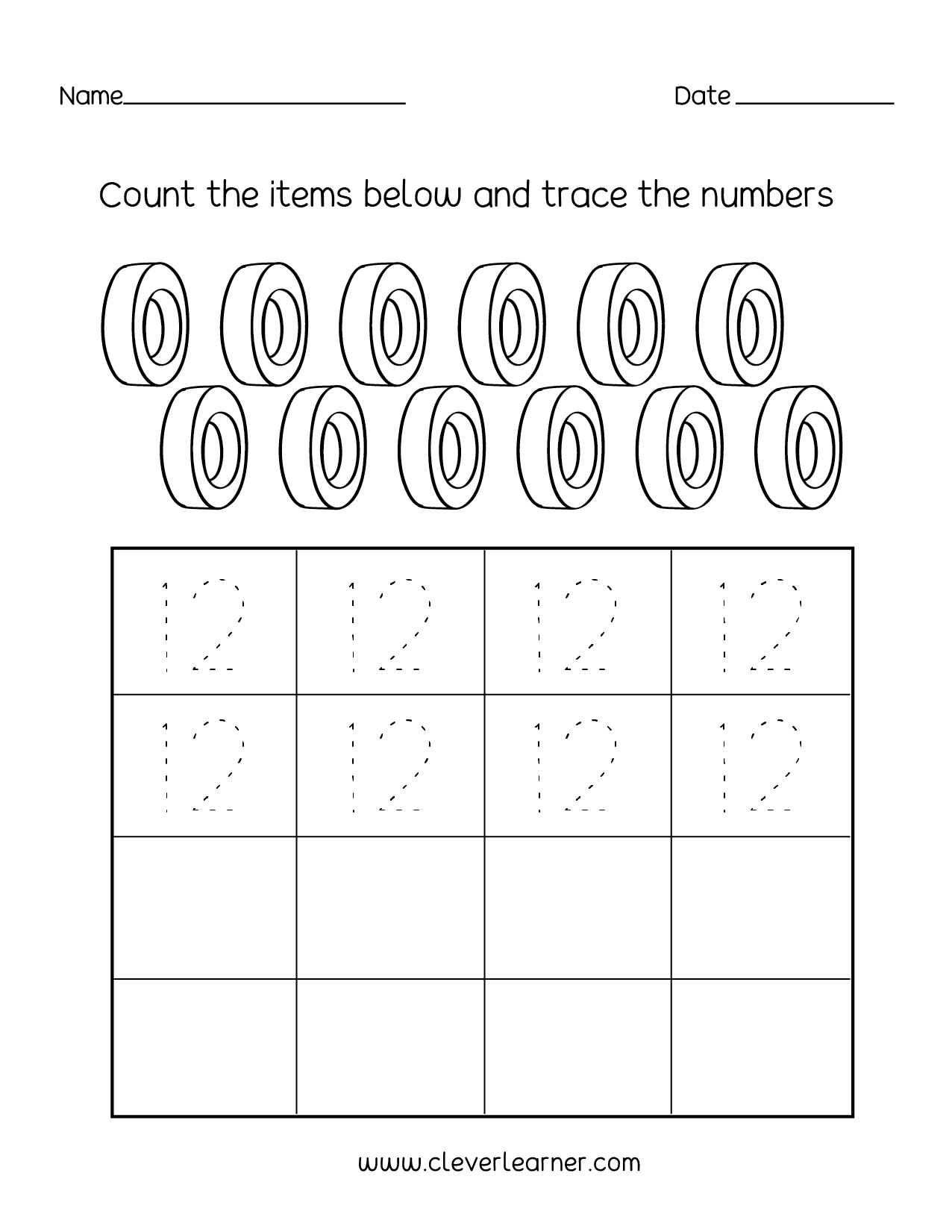 number twelve writing counting and identification printable worksheets