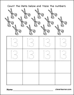 Number 13 writing, counting and identification printable worksheets for