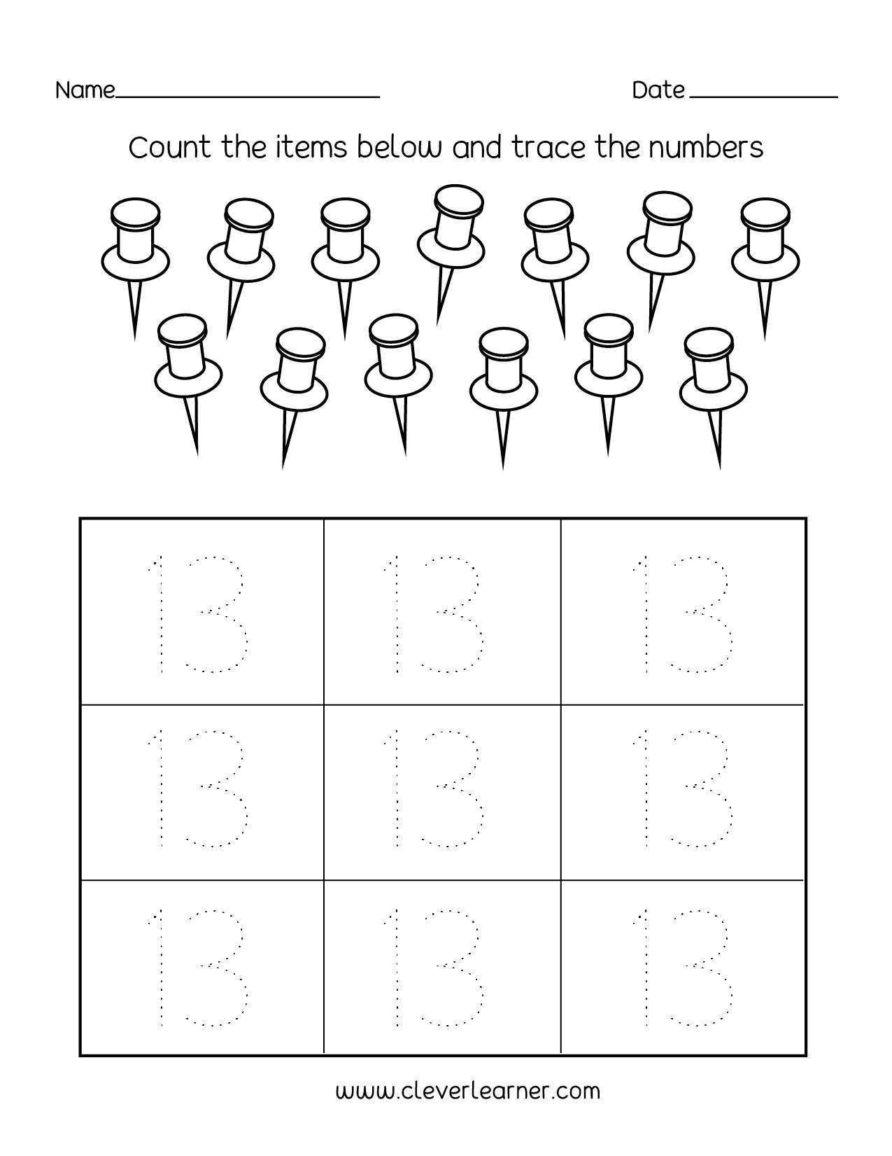 Number 13 Writing Counting And Identification Printable Worksheets For Children