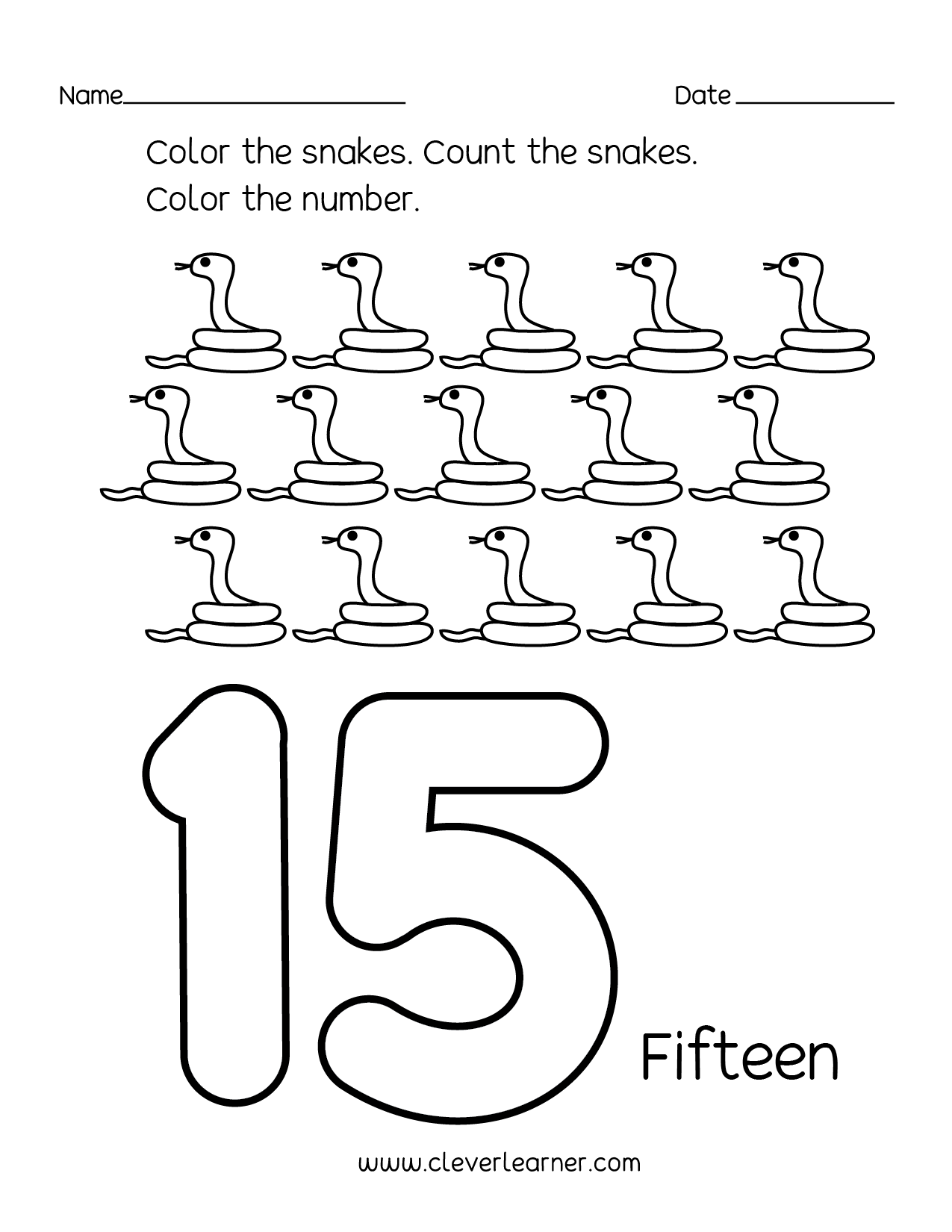 Number 15 writing, counting and identification printable worksheets for