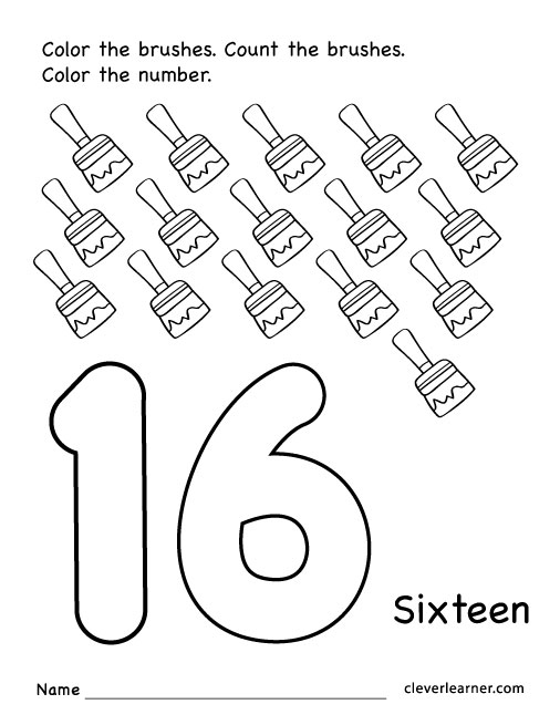 Number 16 writing, counting and identification printable worksheets for
