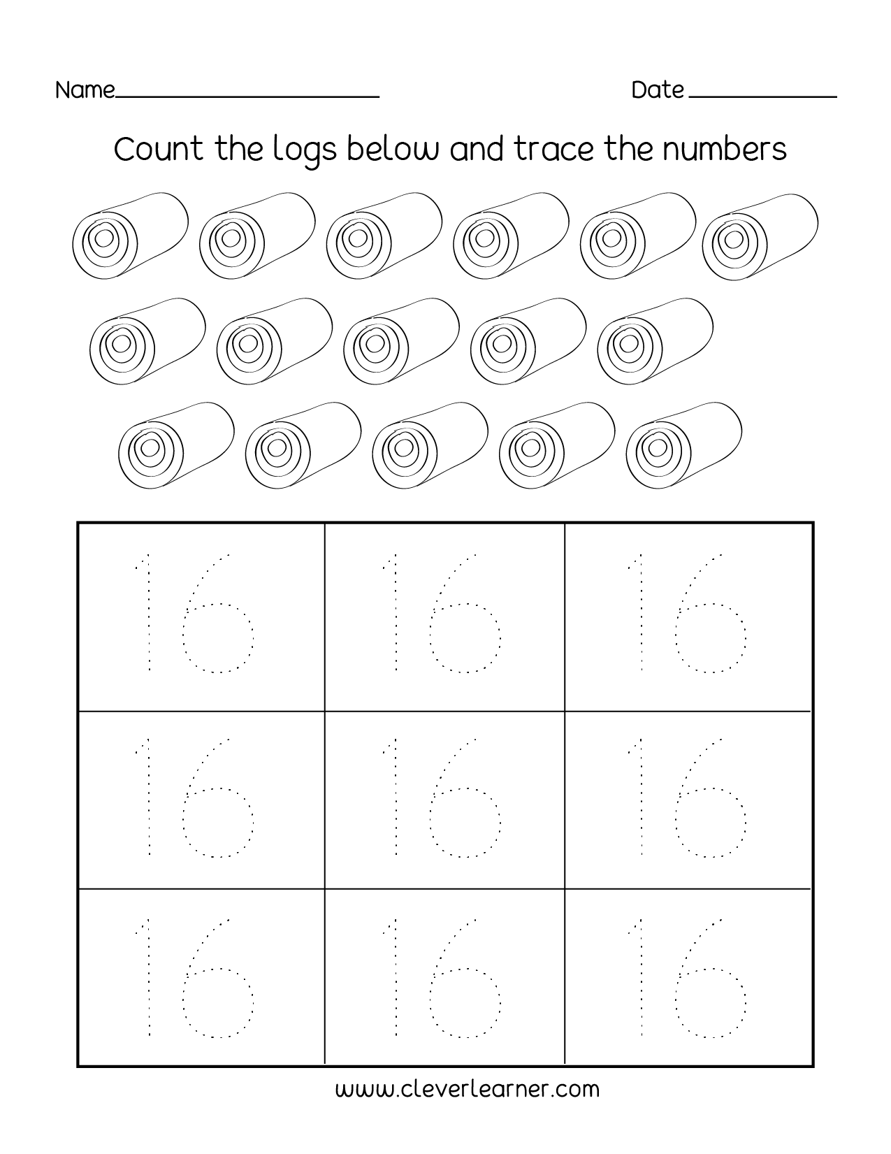 Number 16 writing, counting and identification printable worksheets for