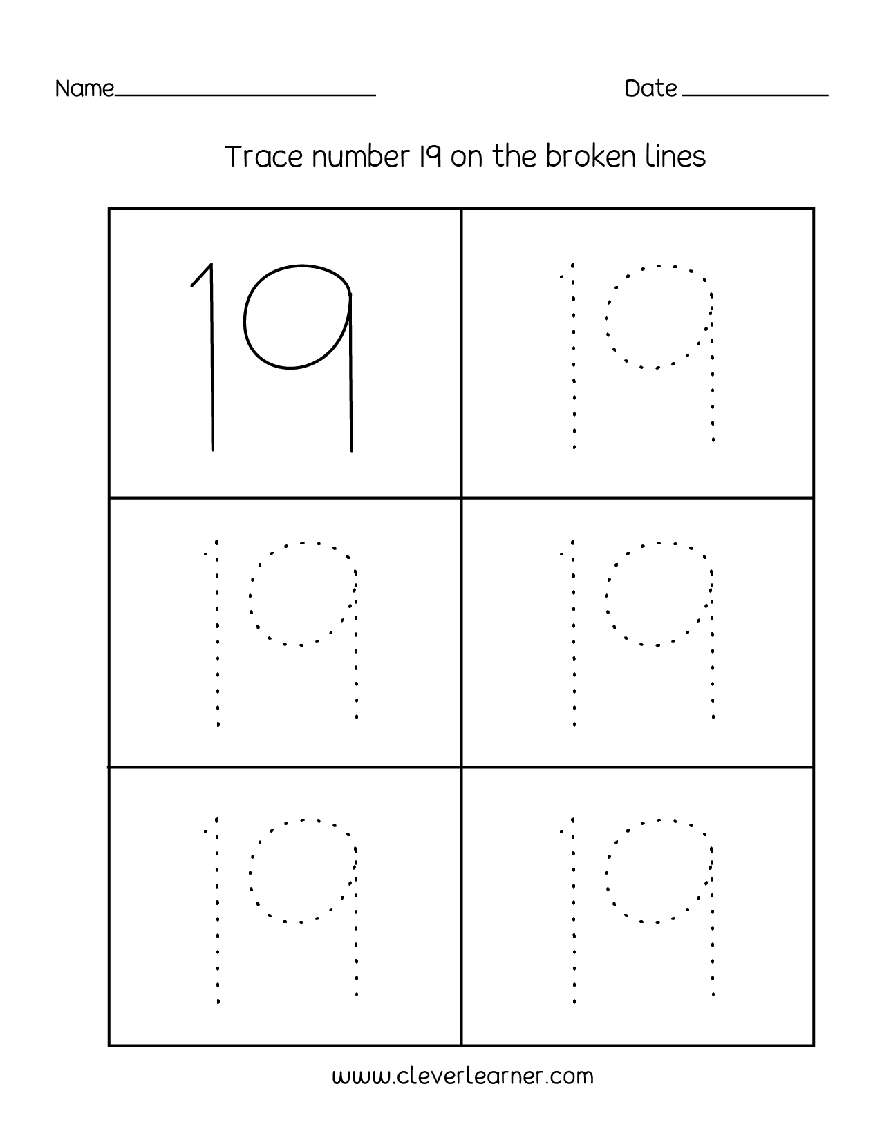 Number 19 Writing Counting And Identification Printable Worksheets For Children