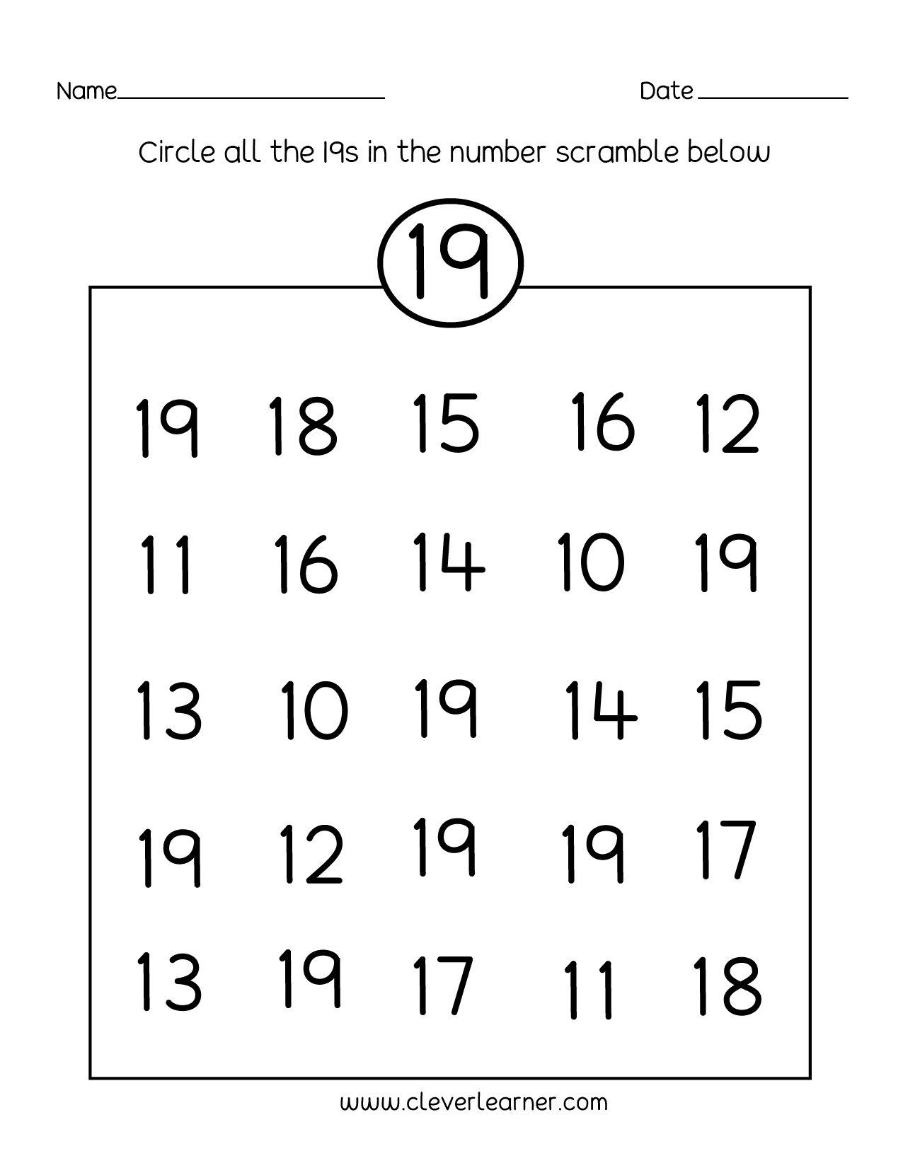 Number 19 writing, counting and identification printable worksheets for