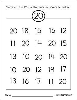 Number 20 writing, counting and identification printable worksheets for