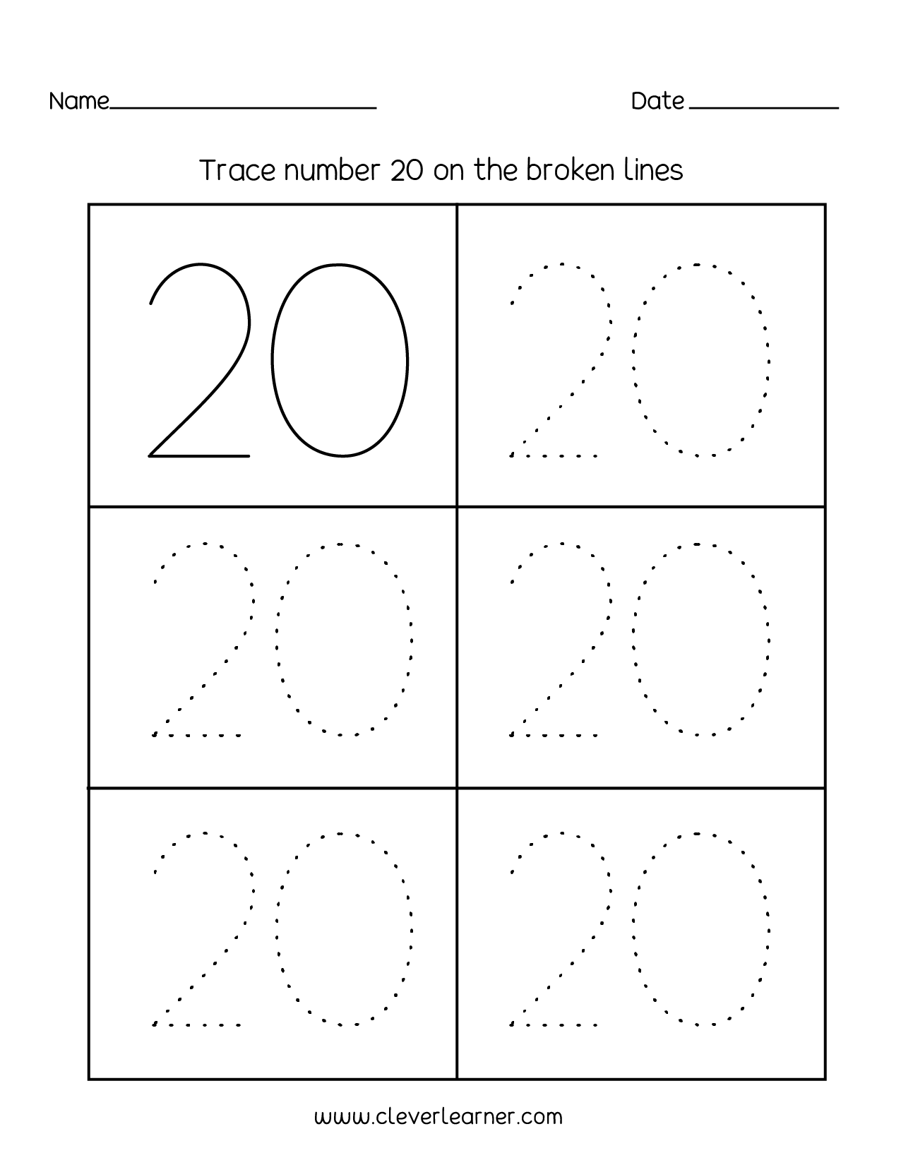 Number 20 writing, counting and identification printable worksheets for ...