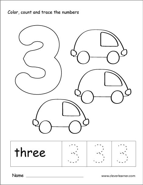 Number three tracing and colouring worksheet for kindergarten
