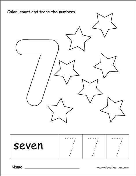 Number seven tracing and colouring worksheet for kindergarten