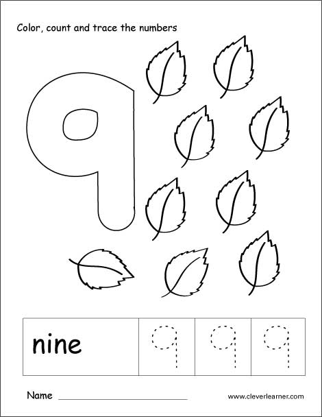 Number nine tracing and colouring worksheet for kindergarten
