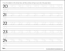 practice sheet for writing number 20 to 24