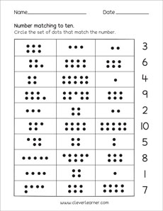 Kindergarten number matching activity sheets