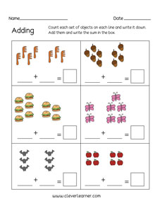 Number addition pages for kindergarten