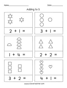 Preschool addition to five worksheet