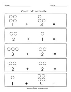 Count and add to five preschool workheet