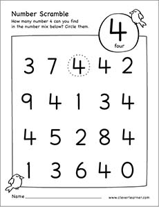 Free printable scramble number four activity