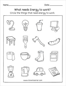 Sources of energy first grade printable worksheet