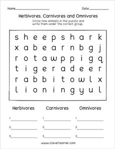 Herbivores and Carnivores preschool word finder