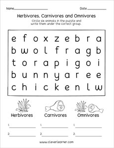 Preschool puzzle sheet on herbivores and carnivores