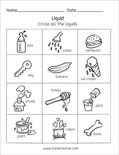 Preschool science worksheets on Matter